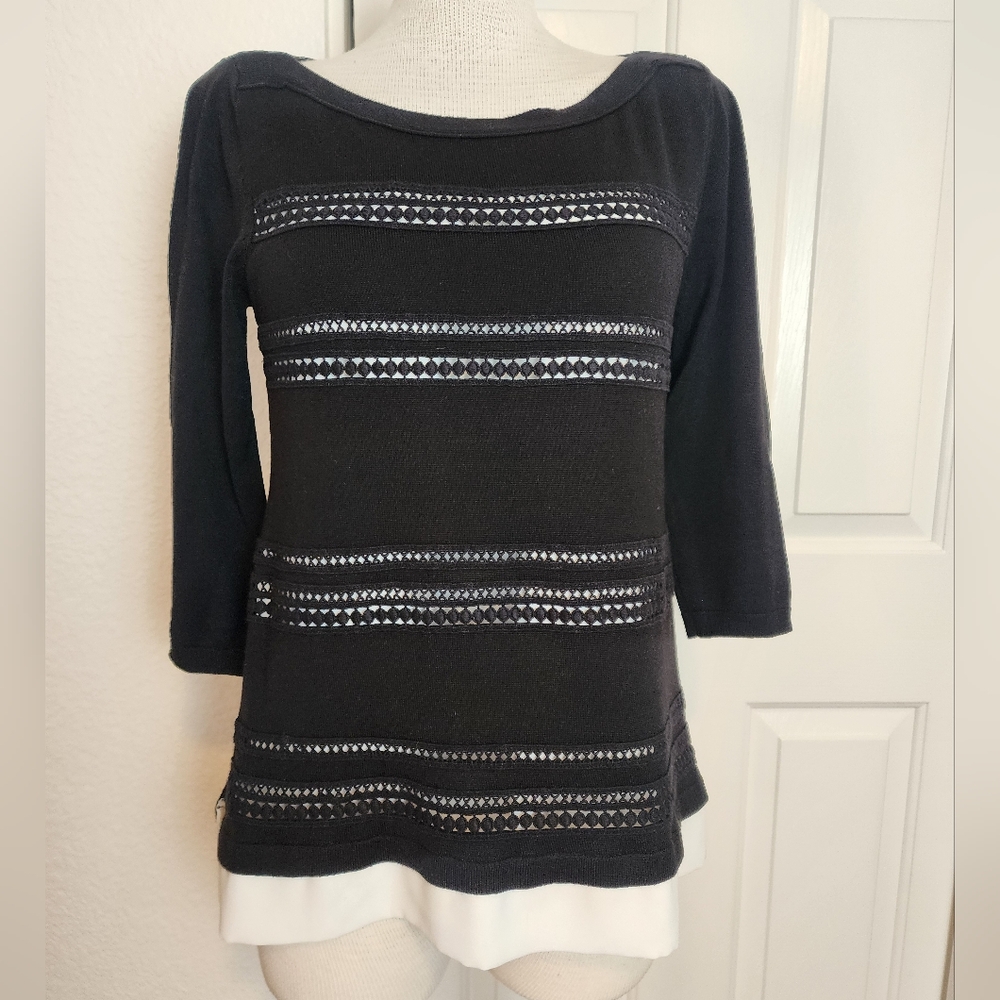 WHBM Black Embroidered Knit Quarter Sleeve Women's Sweater Size S
